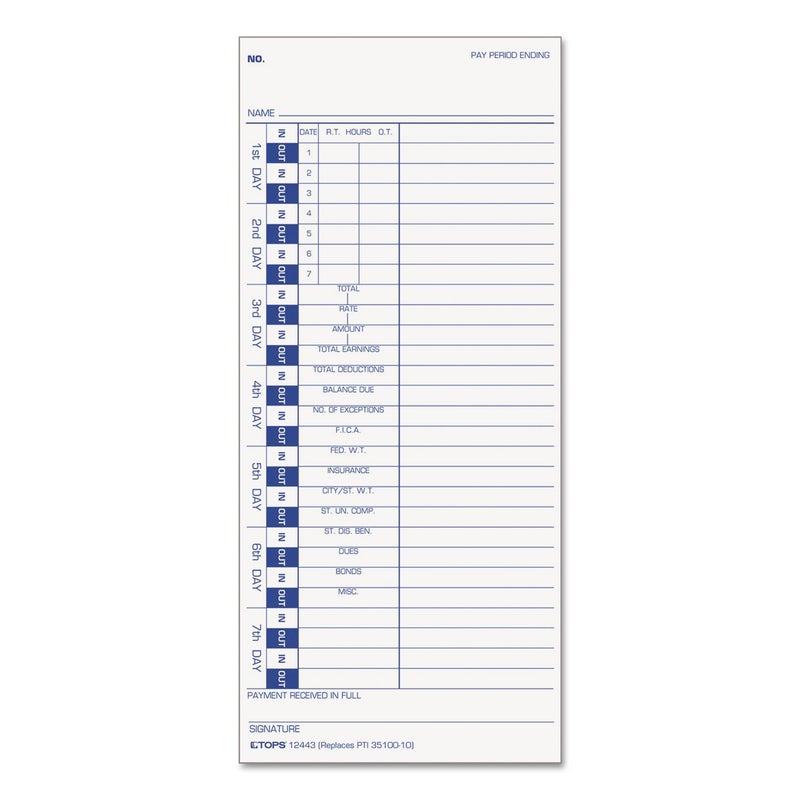 TOPS Time Cards, Weekly, 1-Sided, 4" x 9", White Stock, Blue Print, 100-Count (12443) - Image 1